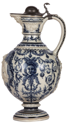 Porcelain stein, 2.5L, 15.5'' ht., relief and hand-painted, marked A. Klammerth Znaim, elaborate design, coat-of-arms, pewter lid, pedestal break repaired with pin, base hairline. - 3