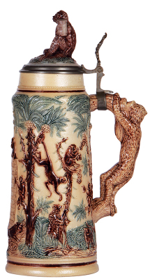 Stoneware stein, 2.0L, 14.6'' ht., relief, 83/111, green & manganese salt glaze, monkeys, bears & cats, figural handle & inlaid lid, mint.