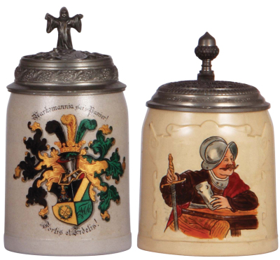 Two steins, stoneware, .5L, transfer & hand-painted, Markomannia sei's Panier! 1907, pewter lid; with, .5L, pottery, etched, tapestry, pewter lid: Hamburgische Gewerbe u. Industrie Ausstellung 1889, mint.