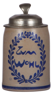 Stoneware stein, .5L, transfer, signed F. Ringer, Zum Wohl, pewter lid, very minor pewter tear, body mint.