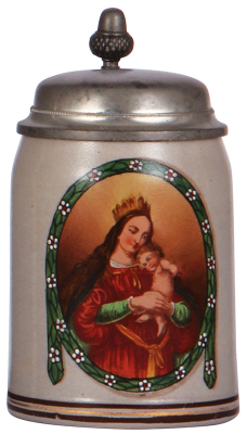 Stoneware stein, ,.5L, transfer & hand-painted, marked T.P. & Th. Schmid München, Maria & Jesus, pewter lid, mint.