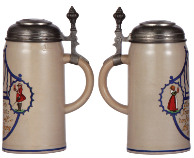 Stoneware stein, 1.0L, transfer & hand-painted, by F. Ringer, pewter lid, mint. - 2