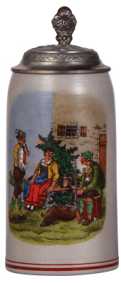 Stoneware stein, 1.0L, transfer & enameled, relief pewter lid: man & woman, mint.