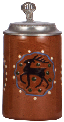 Stoneware stein, .5L, transfer & hand-painted, marked 2404, design by Ludwig Hohlwein, Art Nouveau, pewter lid, repaired pewter strap, body mint.