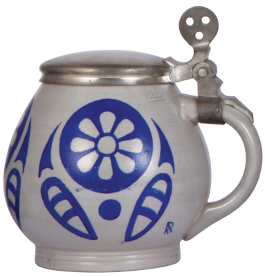 Stoneware stein, .5L, transfer & hand-painted, marked J. Reinemann, München, signed F. Ringer, pewter lid, mint.