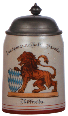 Stoneware stein, .5L, transfer & hand-painted, Landsmannschaft Bavaria!, Mittweida, pewter lid, mint.