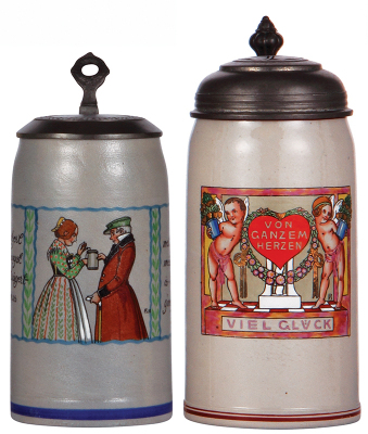 Two stoneware steins, 1.0L, transfer & hand-painted, marked S.P. Gerz, by F. Ringer, pewter lid, mint; with, 1.0L, transfer & hand-painted, signed F. Ringer, pewter lid, pewter strap repaired, body mint.