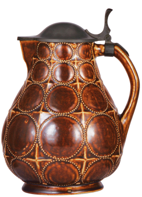 Stoneware stein, 11.0'' ht., relief, marked 2179, made by Reinhold Merkelbach, design by Paul Wynand, brown salt glaze, Art Nouveau, pewter lid, mint.