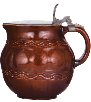 Stoneware stein, 8.5'' ht., relief, marked 2028, made by R. Merkelbach, designed by Richard Riemerschmid, brown saltglaze, Art Nouveau, pewter lid, mint.