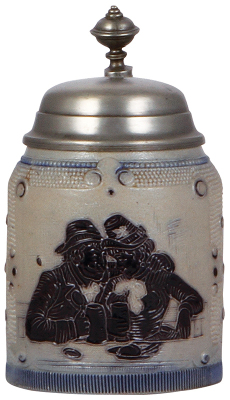 Stoneware stein, .5L, low relief, marked H.R., 171, by Hauber & Reuther, pewter lid, slight pewter tear at rear of lid, body mint.