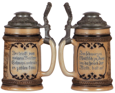 Two steins, pottery, .5L, etched, marked 11181 & 1181, by J.W. Remy, pewter lid, mint; with, stoneware, .5L, etched, marked H.R., 251, by Hauber & Reuther, scene from the Black Whale of Ascalon, pewter lid, mint. - 3