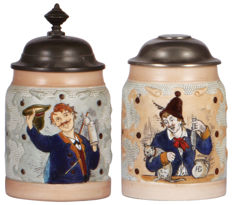 Two porcelain steins, .5L, etched, marked H.R., 168, and H.R., 172, by Hauber & Reuther, pewter lid & metal lid, mint.