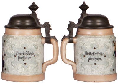 Two porcelain steins, .5L, etched, marked H.R., 168, and H.R., 172, by Hauber & Reuther, pewter lid & metal lid, mint. - 2