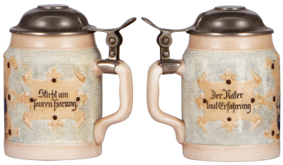 Two porcelain steins, .5L, etched, marked H.R., 168, and H.R., 172, by Hauber & Reuther, pewter lid & metal lid, mint. - 3