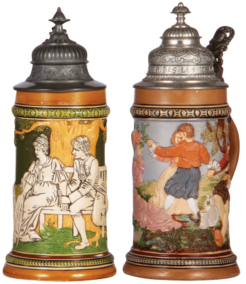 Two pottery steins, .5L, relief, marked H.R., 451 & H.R., 452, by Hauber & Reuther, pewter lids, 451 has faint hairline on top rim, 452 is mint.