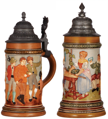 Two pottery steins, .5L, relief, marked H.R., 453 & H.R., 455, by Hauber & Reuther, pewter lids, mint.  