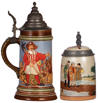 Two pottery steins, .5L, etched & relief, marked H.R., 531, by Hauber & Reuther, Nürnberg, pewter lid, mint; with, .5L, etched, marked 1636, by Marzi & Remy, inlaid lid, a little wear.