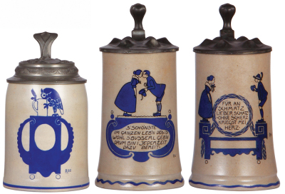 Three stoneware steins, .5L, transfer & hand-painted, marked M. & W. Gr., by F. Ringer, pewter lid, third has a pewter tear, otherwise all are mint.  