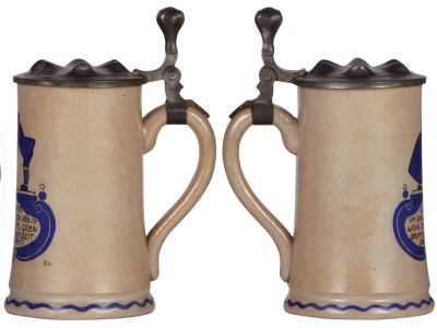 Three stoneware steins, .5L, transfer & hand-painted, marked M. & W. Gr., by F. Ringer, pewter lid, third has a pewter tear, otherwise all are mint.   - 3