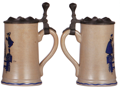 Three stoneware steins, .5L, transfer & hand-painted, marked M. & W. Gr., by F. Ringer, pewter lid, third has a pewter tear, otherwise all are mint.   - 4