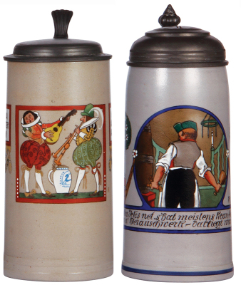 Two stoneware steins, 1.0L, transfer & hand-painted, marked Martin Pauson München, 5341, by F. Ringer, pewter lid, mint; with, 1.0L, transfer & hand-painted, marked M. & W. Gr., B. T. M., by F. Ringer, pewter lid, mint.