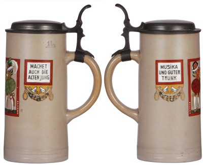 Two stoneware steins, 1.0L, transfer & hand-painted, marked Martin Pauson München, 5341, by F. Ringer, pewter lid, mint; with, 1.0L, transfer & hand-painted, marked M. & W. Gr., B. T. M., by F. Ringer, pewter lid, mint. - 2