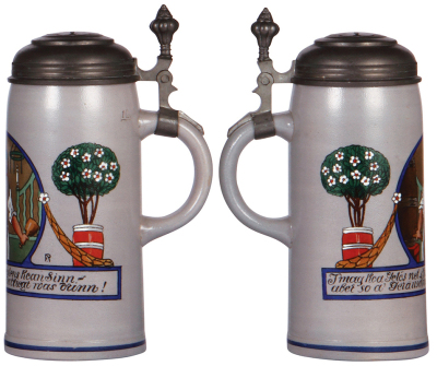 Two stoneware steins, 1.0L, transfer & hand-painted, marked Martin Pauson München, 5341, by F. Ringer, pewter lid, mint; with, 1.0L, transfer & hand-painted, marked M. & W. Gr., B. T. M., by F. Ringer, pewter lid, mint. - 3