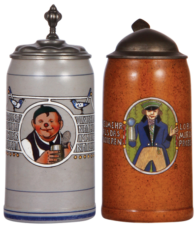 Two stoneware steins, 1.0L, transfer & hand-painted, marked R. Merkelbach Grenzhausen, by F. Ringer, pewter lid, good pewter tear repair, body mint; with, 1.0L, transfer & hand-painted, by F. Ringer, mint.