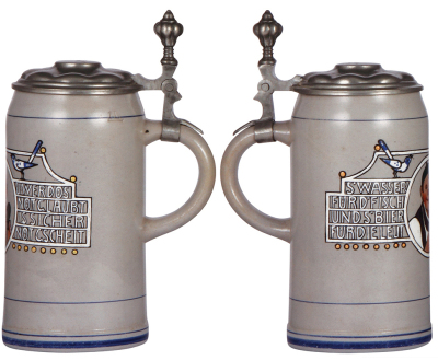 Two stoneware steins, 1.0L, transfer & hand-painted, marked R. Merkelbach Grenzhausen, by F. Ringer, pewter lid, good pewter tear repair, body mint; with, 1.0L, transfer & hand-painted, by F. Ringer, mint. - 2