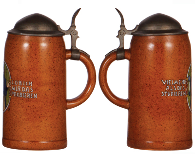 Two stoneware steins, 1.0L, transfer & hand-painted, marked R. Merkelbach Grenzhausen, by F. Ringer, pewter lid, good pewter tear repair, body mint; with, 1.0L, transfer & hand-painted, by F. Ringer, mint. - 3