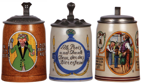 Three stoneware steins, .5L, transfer & hand-painted, by F. Ringer, pewter lid, mint; with, .5L, marked M. & W. Gr., by F. Ringer, pewter lid, mint; with, .5L, marked B.T.M., by F. Ringer, pewter lid, good pewter strap repair, otherwise mint.