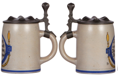 Three stoneware steins, .5L, transfer & hand-painted, by F. Ringer, pewter lid, mint; with, .5L, marked M. & W. Gr., by F. Ringer, pewter lid, mint; with, .5L, marked B.T.M., by F. Ringer, pewter lid, good pewter strap repair, otherwise mint. - 4