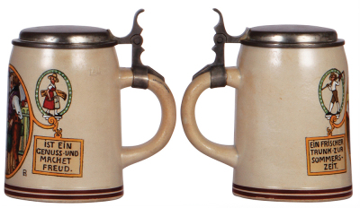 Three stoneware steins, .5L, transfer & hand-painted, by F. Ringer, pewter lid, mint; with, .5L, marked M. & W. Gr., by F. Ringer, pewter lid, mint; with, .5L, marked B.T.M., by F. Ringer, pewter lid, good pewter strap repair, otherwise mint. - 5