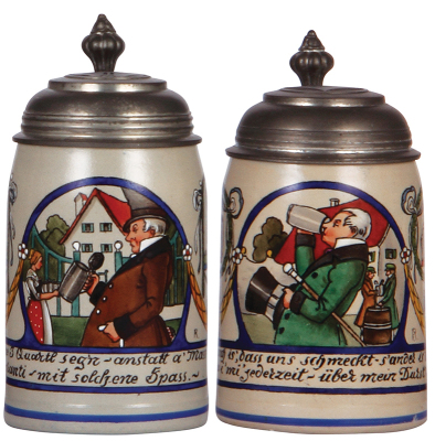 Two stoneware steins, .5L, transfer & hand-painted, marked B.T.M., by F. Ringer, pewter lid, thumblift reattached; with, .5L by F. Ringer, pewter lid, mint.