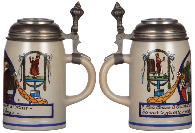 Two stoneware steins, .5L, transfer & hand-painted, marked B.T.M., by F. Ringer, pewter lid, thumblift reattached; with, .5L by F. Ringer, pewter lid, mint. - 2