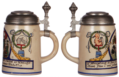 Two stoneware steins, .5L, transfer & hand-painted, marked B.T.M., by F. Ringer, pewter lid, thumblift reattached; with, .5L by F. Ringer, pewter lid, mint. - 3