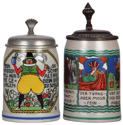 Two stoneware steins, .5L, transfer & hand-painted, by F. Ringer, pewter lid, mint; with .5L, marked M. & W. Gr., B.T.M., by F. Ringer, pewter lid, mint.