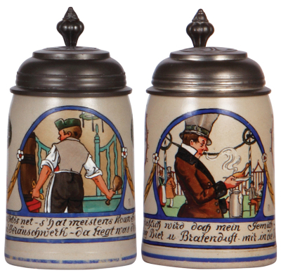 Two stoneware steins, .5L, transfer & hand-painted, marked B.T.M., by F. Ringer, pewter lid, mint; with, .5L, marked B.T.M., by F. Ringer pewter lid, excellent pewter tear repaired. body mint.