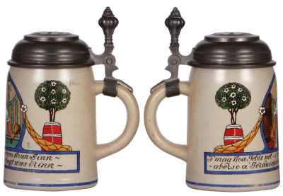 Two stoneware steins, .5L, transfer & hand-painted, marked B.T.M., by F. Ringer, pewter lid, mint; with, .5L, marked B.T.M., by F. Ringer pewter lid, excellent pewter tear repaired. body mint. - 2