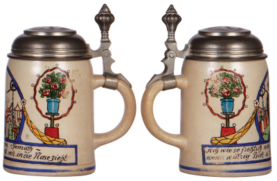 Two stoneware steins, .5L, transfer & hand-painted, marked B.T.M., by F. Ringer, pewter lid, mint; with, .5L, marked B.T.M., by F. Ringer pewter lid, excellent pewter tear repaired. body mint. - 3