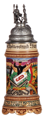 Regimental stein, .5L, 11.5'' ht., pottery, 2. Comp., Fuss Artl. Regt. Nr. 9, Köln, 1905 - 1907, three side scenes, roster, eagle thumblift, named to: Res. Obergf. Köhler, mint.