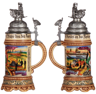 Regimental stein, .5L, 11.5'' ht., pottery, 2. Comp., Fuss Artl. Regt. Nr. 9, Köln, 1905 - 1907, three side scenes, roster, eagle thumblift, named to: Res. Obergf. Köhler, mint. - 2