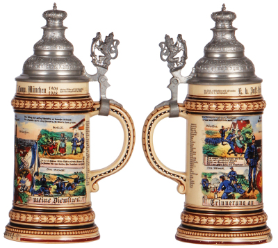 Regimental stein, 5.L, 10.5'' ht., pottery, 7. Comp., bayr. Inft. Regt., München, 1906 - 1908, four side scenes, roster, lion thumblift, named to: William Ludwig, mint. - 2