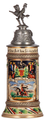 Regimental stein, .5L, 11.4'' ht., pottery, 3. Esk., Leib Garde Husaren Regt., Potsdam, 1905 - 1908, two side scenes, roster, eagle thumblift, named to: Reserv. Grimfehl, mint.