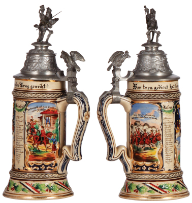 Regimental stein, .5L, 11.4'' ht., pottery, 3. Esk., Leib Garde Husaren Regt., Potsdam, 1905 - 1908, two side scenes, roster, eagle thumblift, named to: Reserv. Grimfehl, mint. - 2