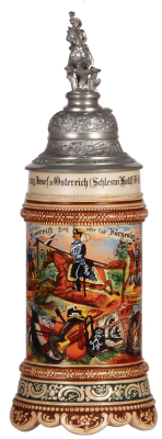 Regimental stein, .5L, 11.8'' ht., pottery, 3. Esk., Husaren Regt. Nr. 16, Schleswig, 1906 - 1909, four side scenes, roster, eagle thumblift, named to: Reservist Jürgensenl, mint.