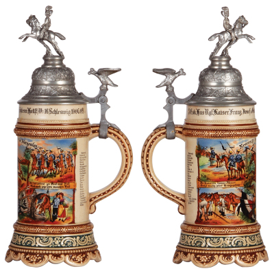 Regimental stein, .5L, 11.8'' ht., pottery, 3. Esk., Husaren Regt. Nr. 16, Schleswig, 1906 - 1909, four side scenes, roster, eagle thumblift, named to: Reservist Jürgensenl, mint. - 2