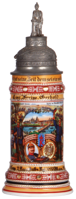 Regimental stein, .5L, 12.3" ht., porcelain, 4. Comp., Inft. Regt. Nr. 88, Mainz, 1913 - 1914, four side scenes, roster, eagle thumblift, named to: Einj. Freiw. Gerhold, slight pewter tear, part of roster slightly faded, lithophane lines.