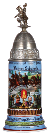 Regimental stein, .5L, 12.2" ht., porcelain, 2. Battr., Feld Artl. Regt., Nr. 29, Ludwigsburg, 1908 - 1910, four side scene, roster, Württemberg thumblift, named to: Fahrer Schäberle, mint. 