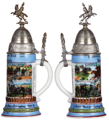 Regimental stein, .5L, 12.2" ht., porcelain, 2. Battr., Feld Artl. Regt., Nr. 29, Ludwigsburg, 1908 - 1910, four side scene, roster, Württemberg thumblift, named to: Fahrer Schäberle, mint.  - 2